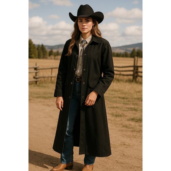 Frontier Classics Western Cotton Denim Duster Coat Black Small Old West Cowboy - Picture 1 of 13
